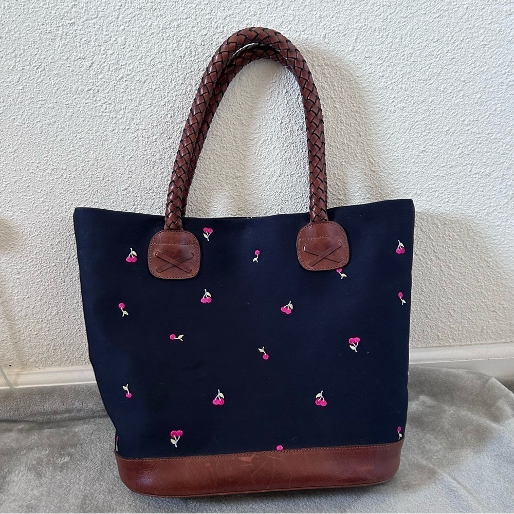 TEHAMA Women Tote Bag Cherry Embroidered Leather Canvas Navy Blue Brown Coastal